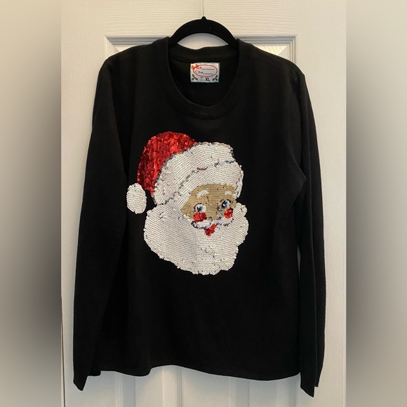 Christmas Santa Black Sweater - sequins Santa - size XL women - Picture 1 of 7